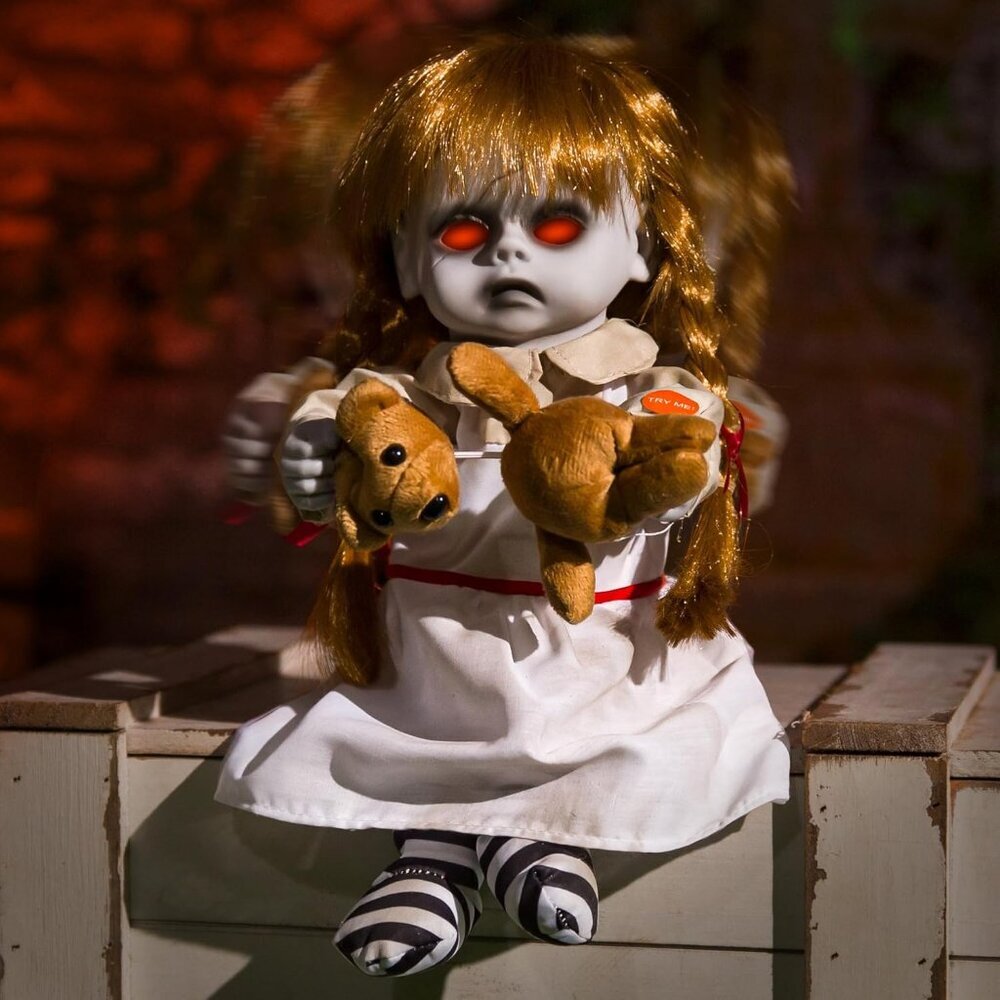 Halloween Animatronic 10inch Creepy Girl Doll, Halloween Animated Decorations wi